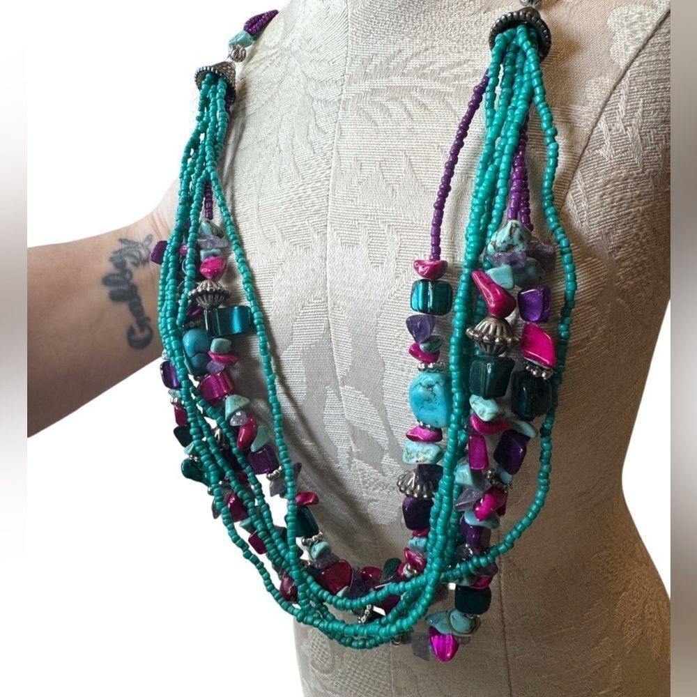 Real Turquoise & Glass Gemstone Multi Strand Necklace - Picture 3 of 7